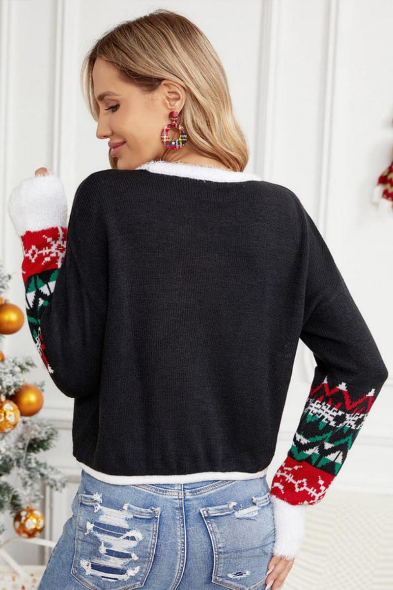 Casual Round Neck Cat Embroidery Sequin Sweater-ROVOLE