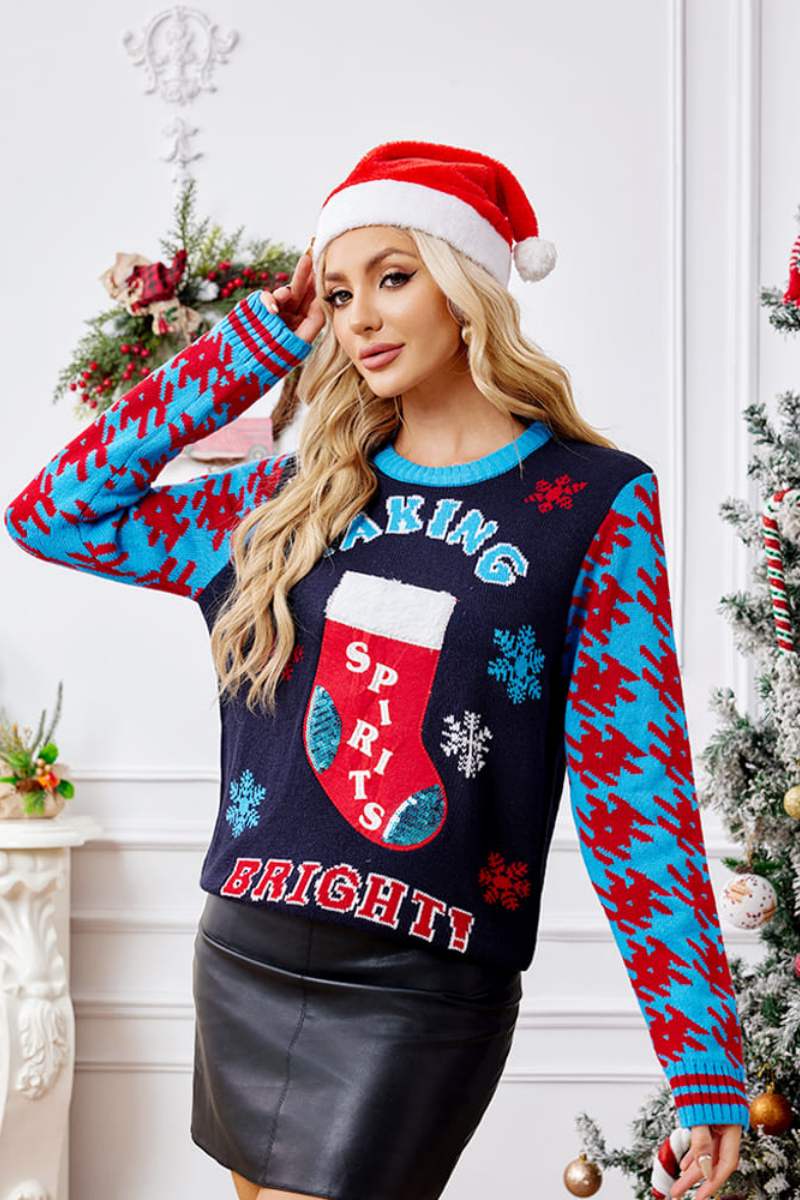 Casual Christmas Socks Embroidery Knit Sweater-ROVOLE