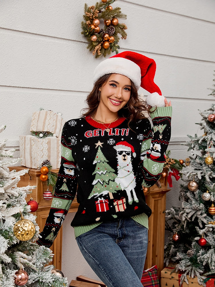 Crewneck Embroidered Knit Sweater – Alpaca & Christmas Tree-ROVOLE