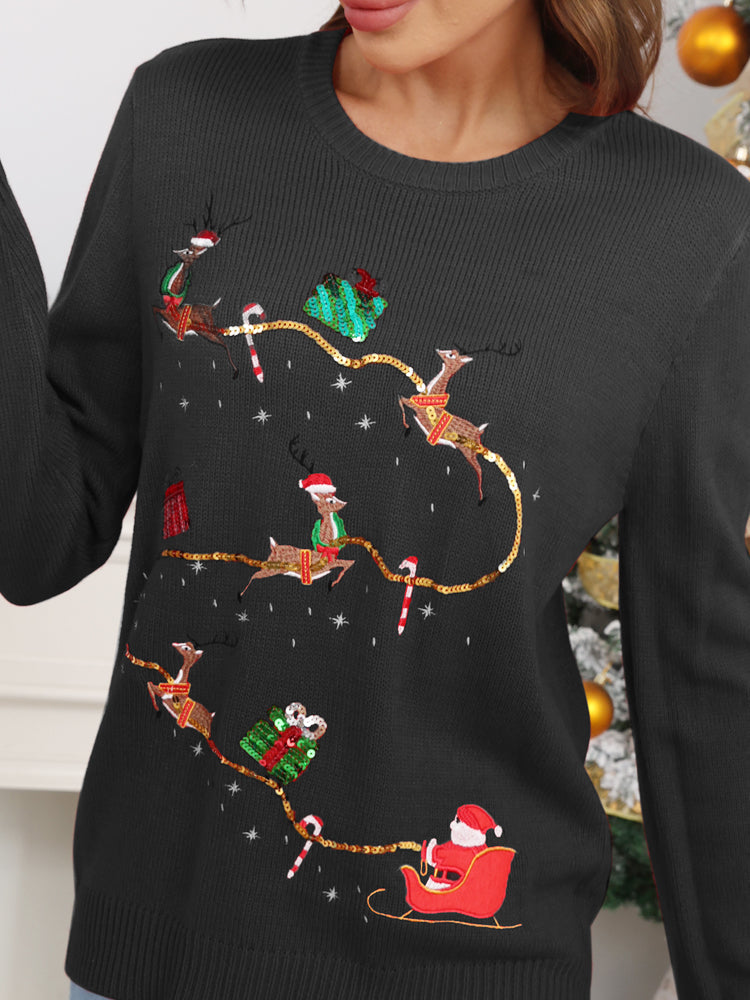 Christmas Cute Reindeer Embroidered Knit Sweater-ROVOLE