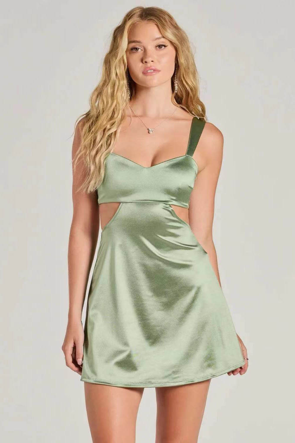 Soft Glow Satin Fitted Mini Dress-ROVOLE