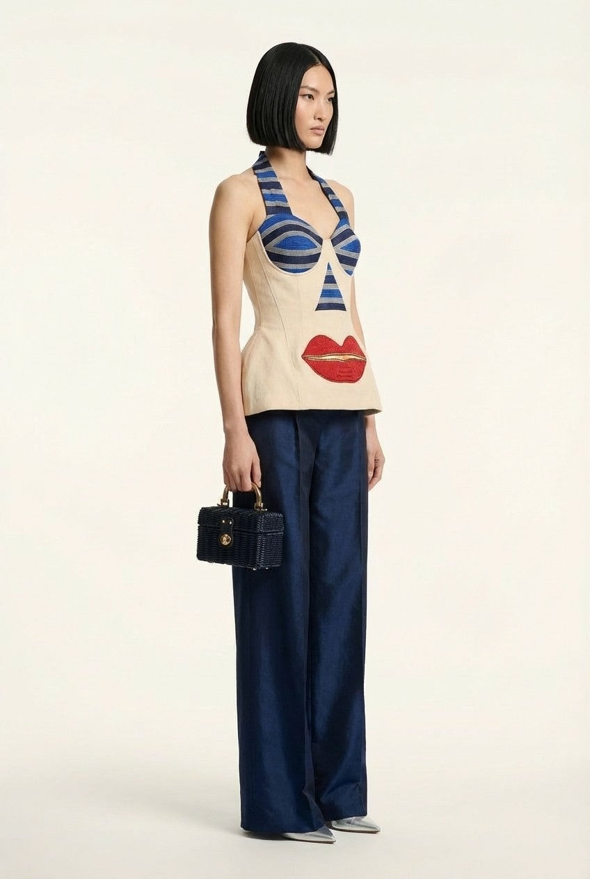 Women's Surrealist Embroidered Halter Blouse and Wide Leg Pants Set