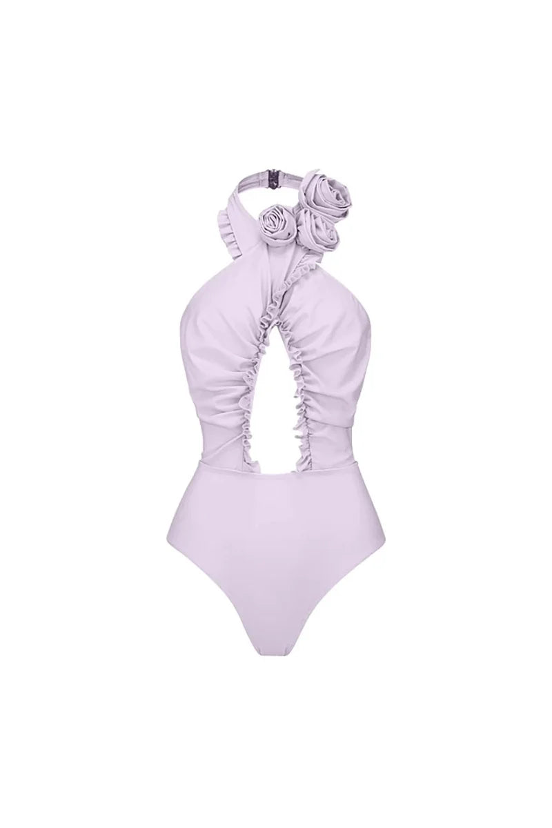 3D Floral Halter Backless Swimsuit Set-ROVOLE