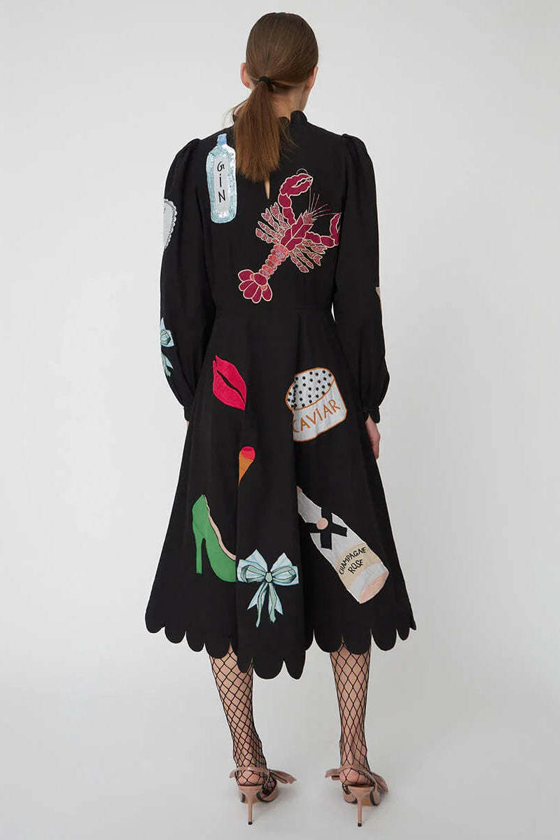 Lobster Graffiti Scallop Trim Midi Dress-ROVOLE