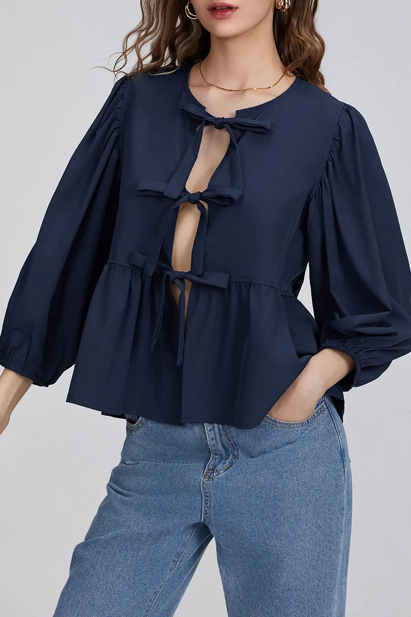 Puff Sleeve Peplum Bow Ties Blouse Top-ROVOLE