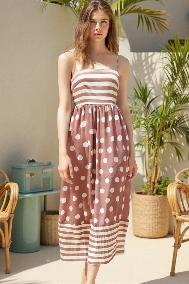 Polka Dot Square Neck Cami Midi  Dress-ROVOLE