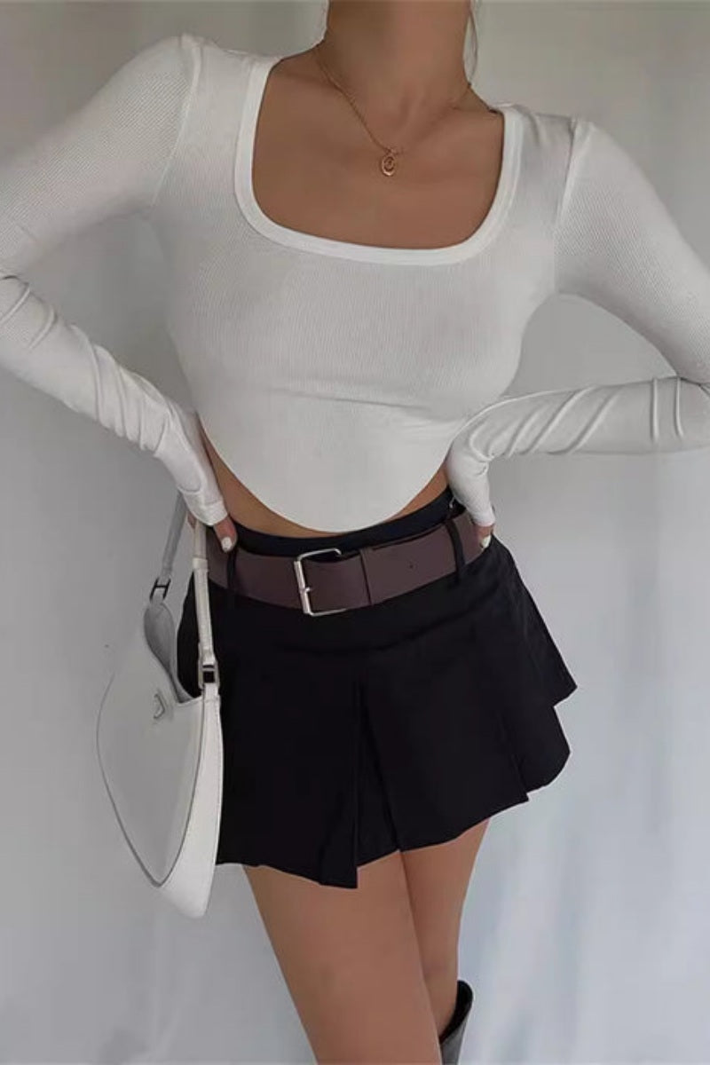 Square Neck Irregular Hem Long-sleeved Base Shirt-ROVOLE