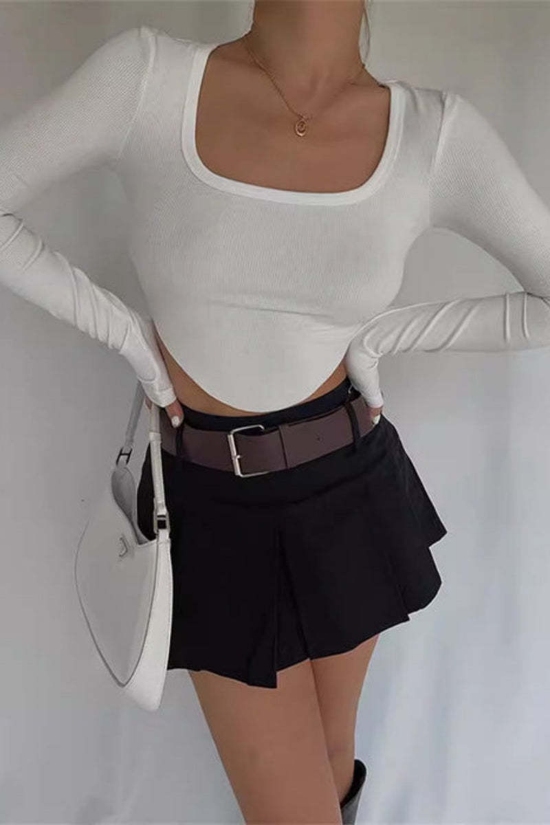 Square Neck Irregular Hem Long-sleeved Base Shirt-ROVOLE