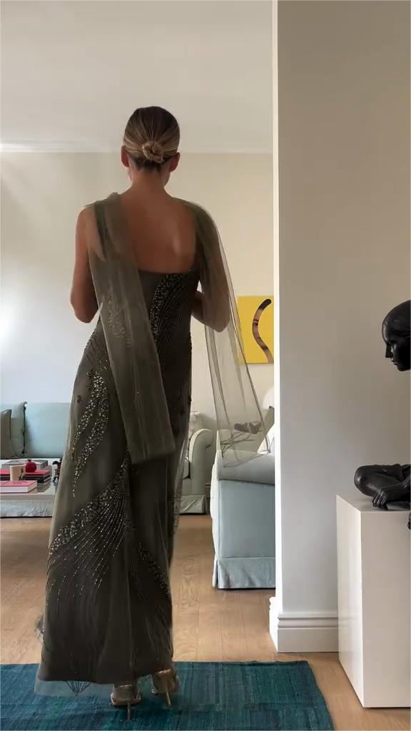 Embellished Olive - Green Evening Gown-ROVOLE