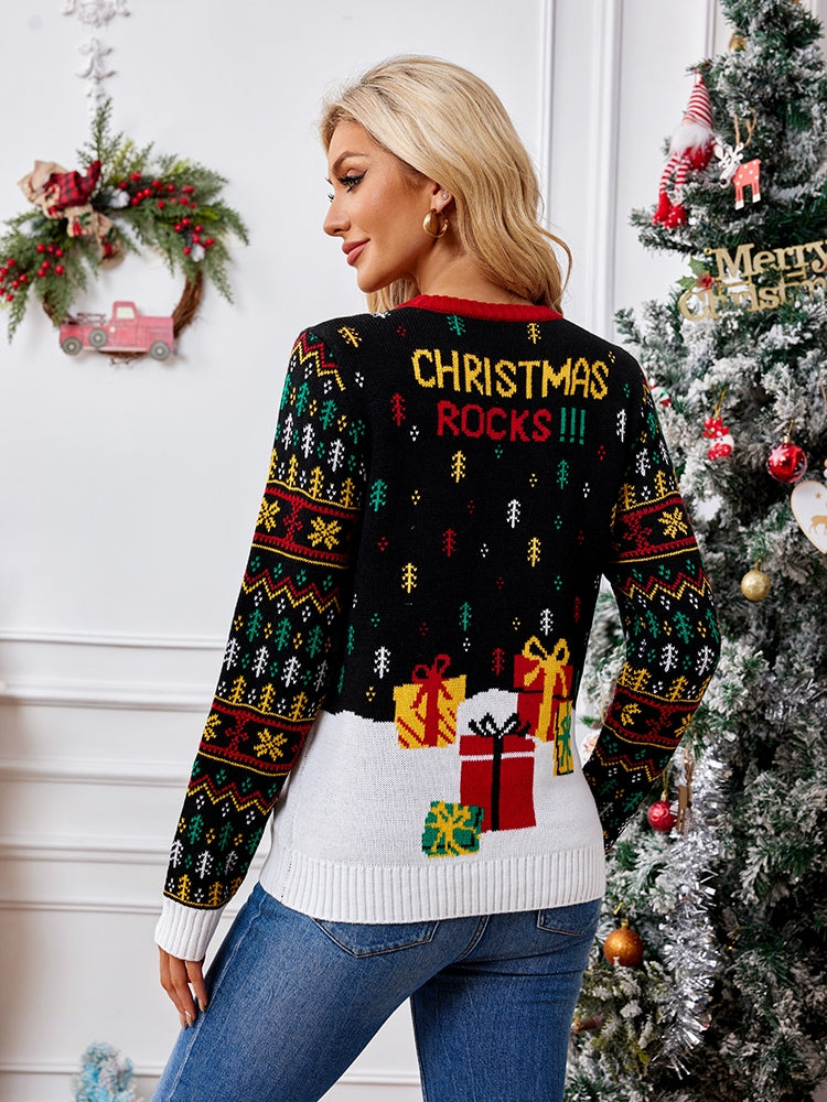 Knit Crewneck Embroidered Sweater – Santa Claus & Musical Notes-ROVOLE