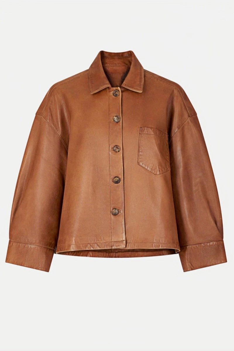 Minimalist Boxy Leather Short Jacket-ROVOLE