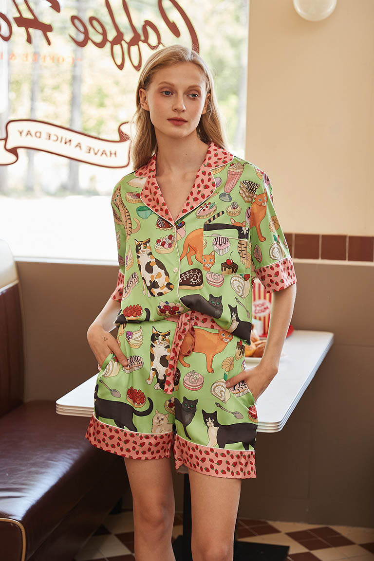 Coffee Cat Shorts Pajama Set-ROVOLE