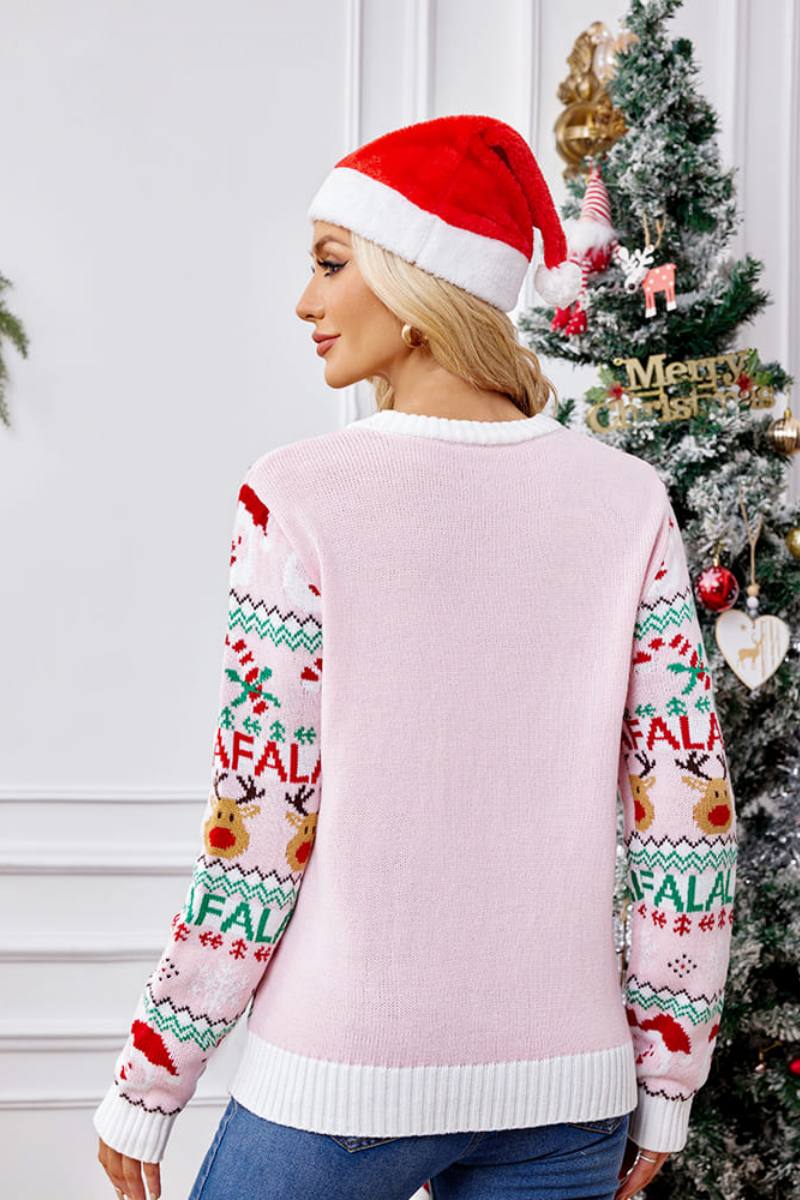 Loose-Fit Round Neck Christmas Cartoon Knit Sweater - Pink-ROVOLE