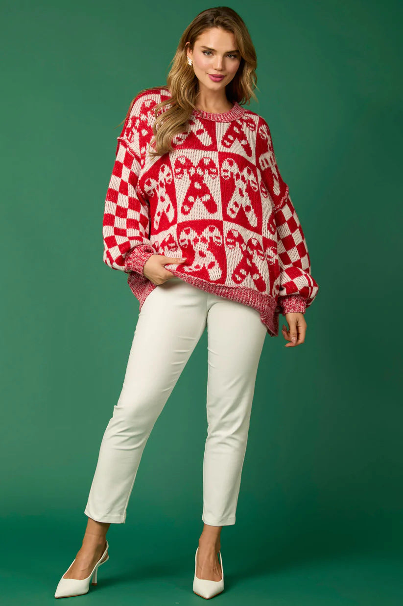 Candy Cane Christmas Needles & Gingerbread Man Knit Sweater-ROVOLE
