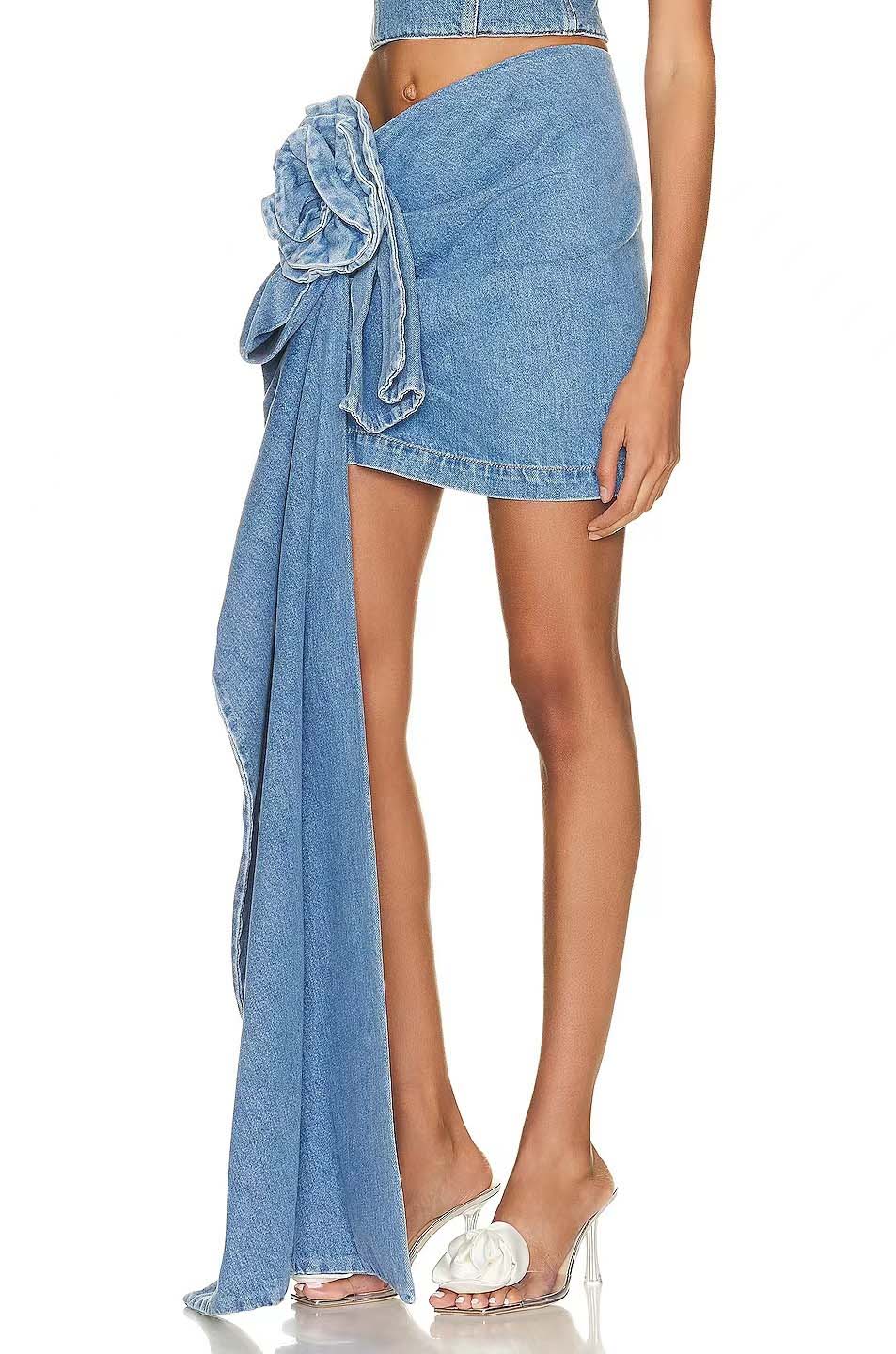 Denim Mini Skirt With 3D Roses-ROVOLE