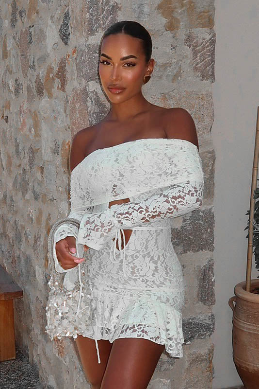 Elegant Ruffled Jacquard Off-Shoulder Mini Dress-ROVOLE