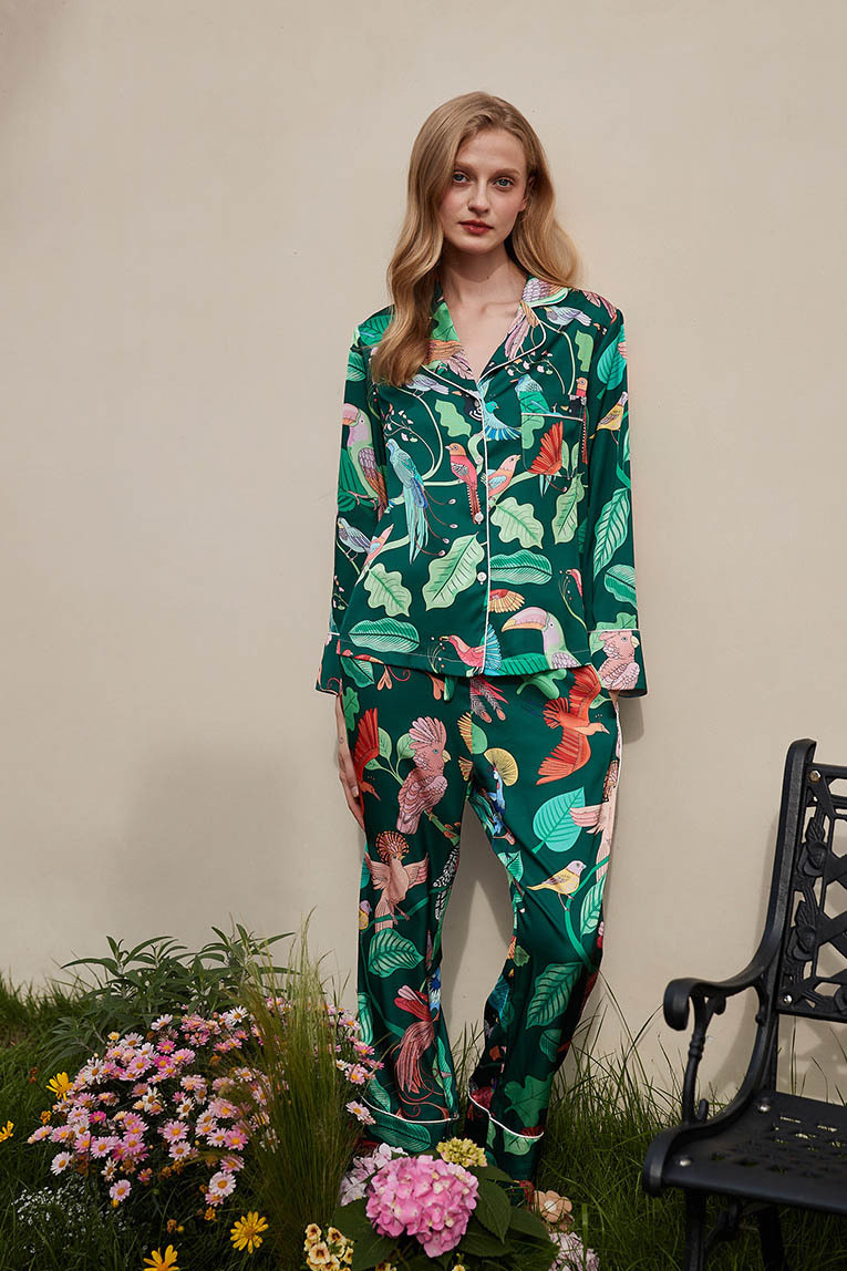 Green Parrot Print Silk Pajama Set-ROVOLE