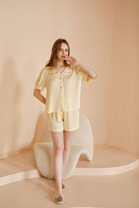 Satin Rose Embroidery Sleepwear Set-ROVOLE