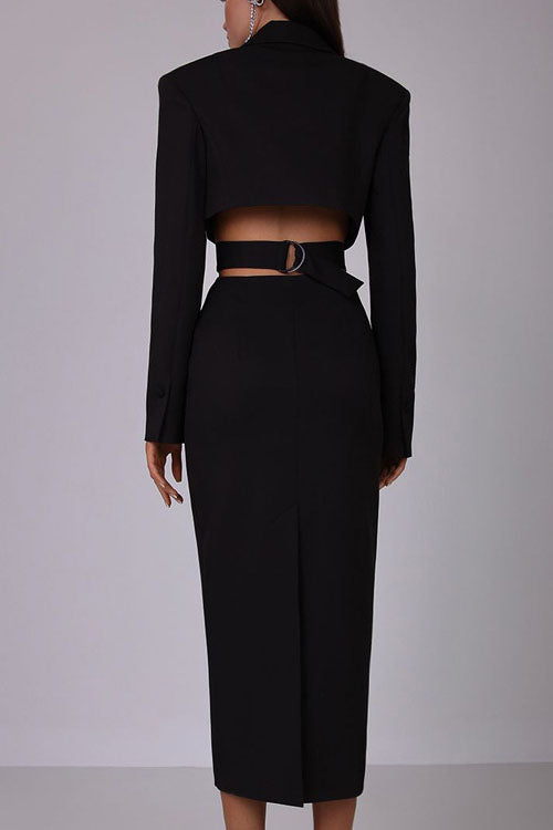 Statement Deep V Metal-Detail Blazer Midi Dress-ROVOLE