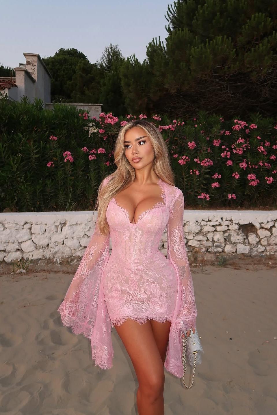 Whispers of Blush Lace Bell-Sleeve Mini Dress-ROVOLE