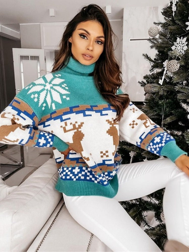Knit Pullover with Embroidered Reindeer and Snowflake Design-ROVOLE