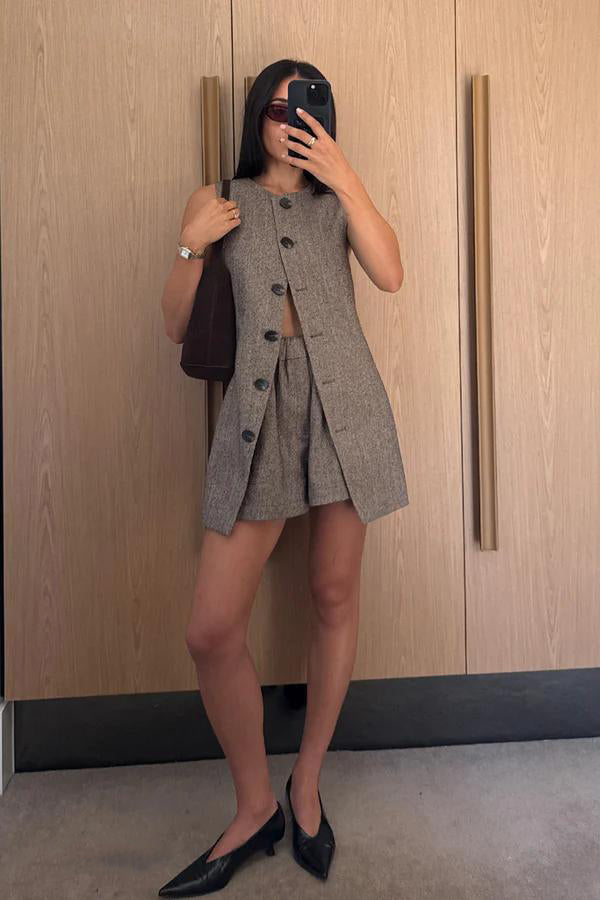 Frankie Choc Tweed Tunic Vest Set-ROVOLE