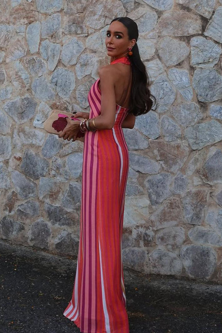 Sunset Samba Cross-Halter Stripe Dress-ROVOLE
