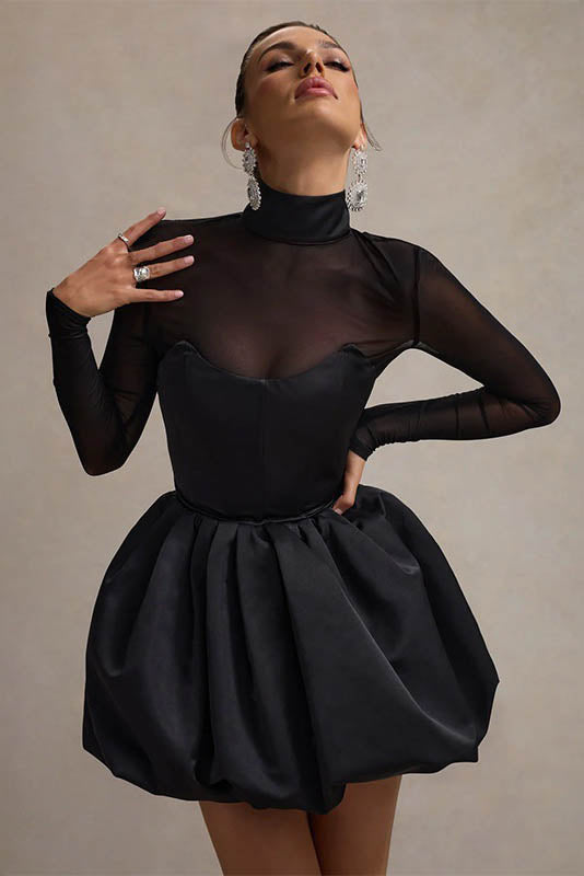 Winter Elegant Mesh Sheer Slim Fit Puff Mini Dress-ROVOLE