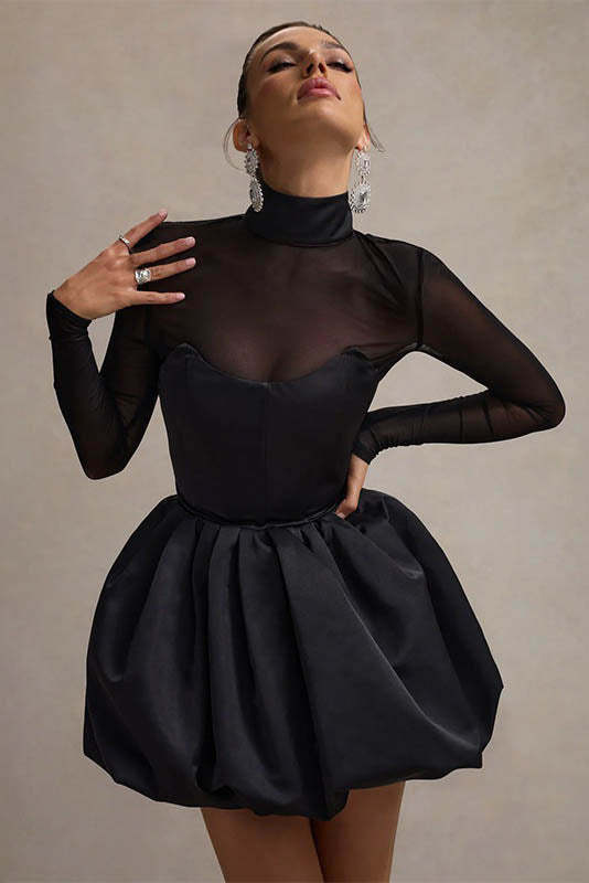 Winter Elegant Mesh Sheer Slim Fit Puff Mini Dress-ROVOLE