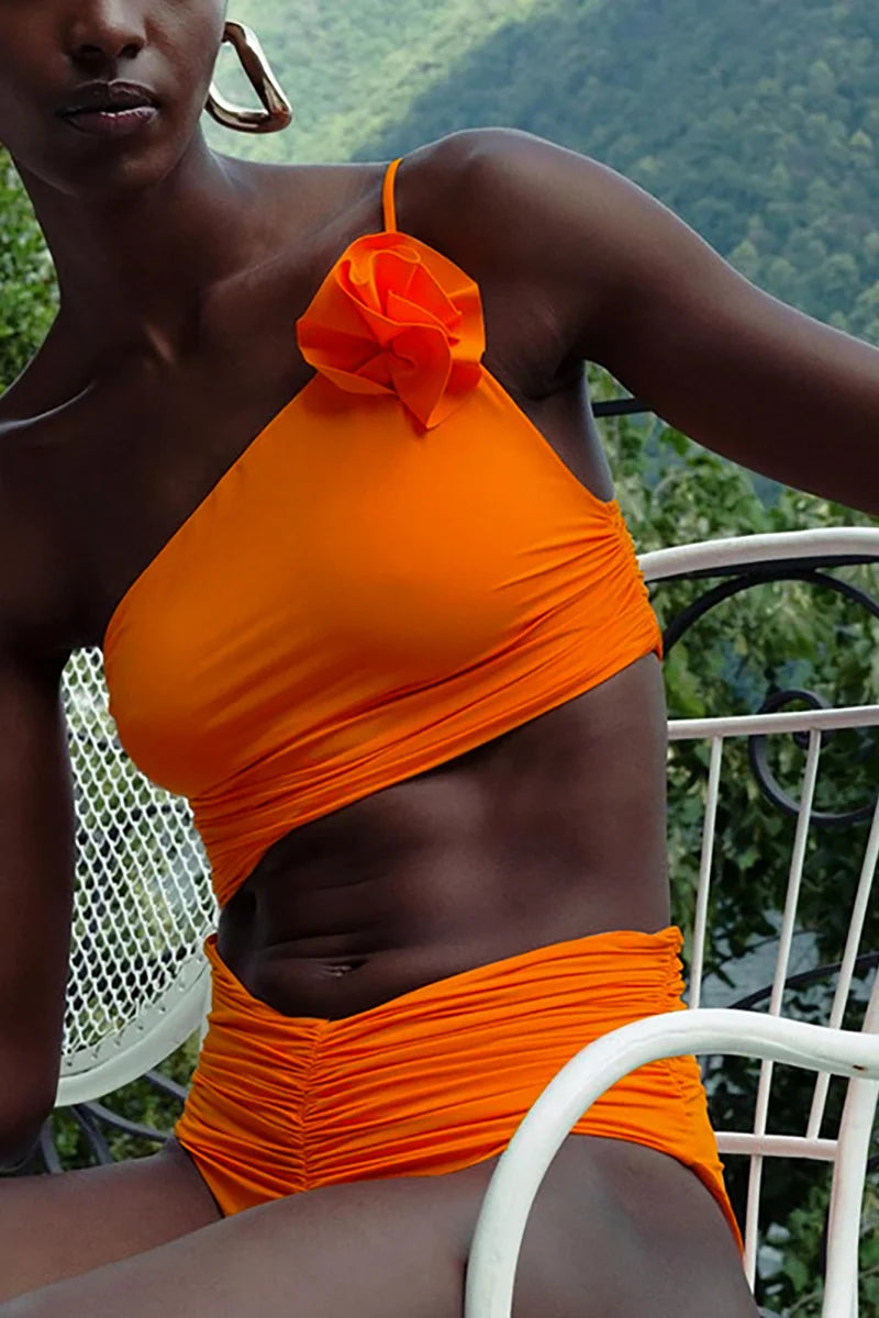 3D Floral Glossy Solid Swimsuit Set-ROVOLE