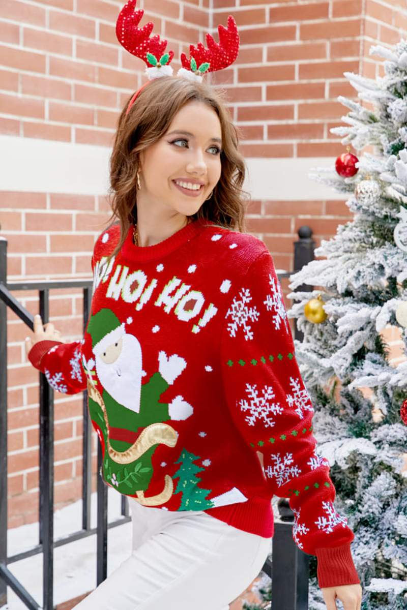 Crewneck Casual Embroidered Santa Sweater-ROVOLE