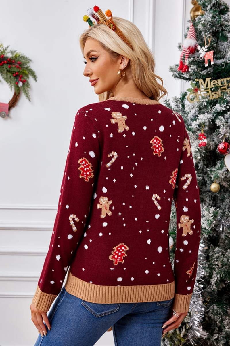 Casual Crewneck Embroidered Sweater – Gingerbread Man-ROVOLE