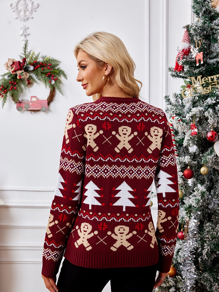 Casual Crewneck Embroidered Sweater – Gingerbread Man-ROVOLE