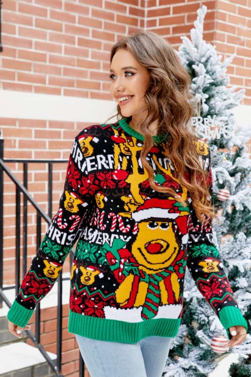 Christmas Cartoon Reindeer Knit Sweater-ROVOLE