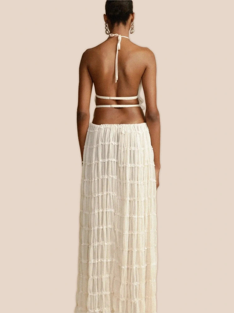 Charm Pleated Drawstring Waist Tiered Maxi Skirt-ROVOLE