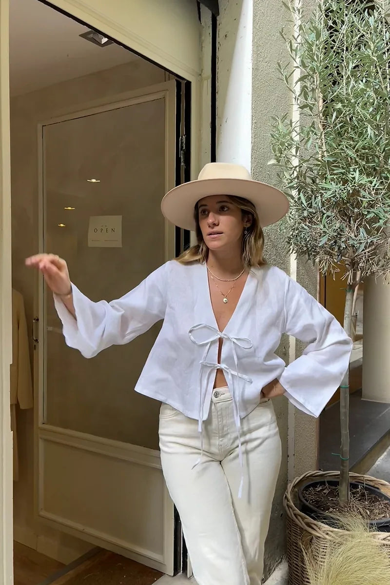 Elegant And Simple Lace Up Blouse-ROVOLE