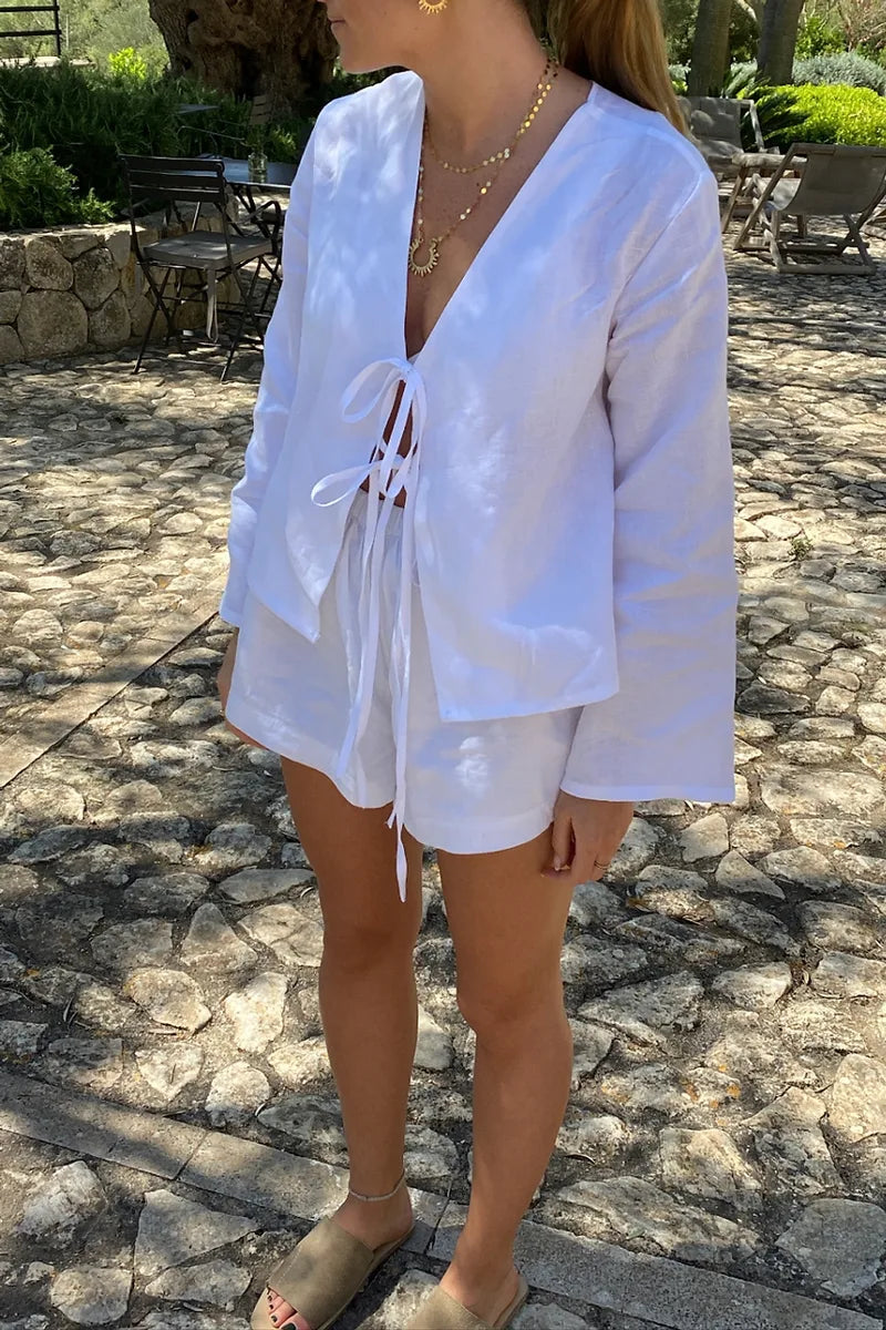 Elegant And Simple Lace Up Blouse-ROVOLE