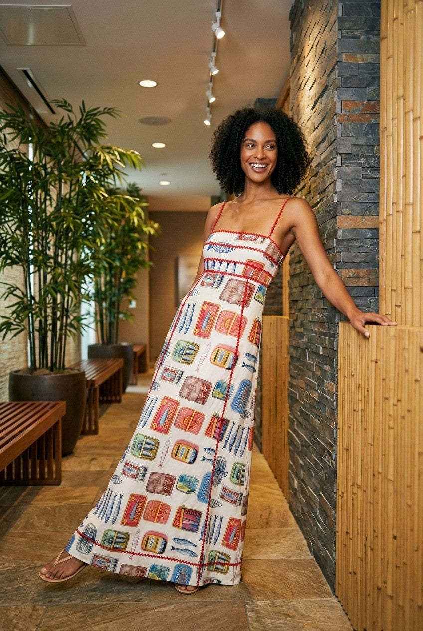 Coastal Catch Sardine Print Cotton Maxi Dress