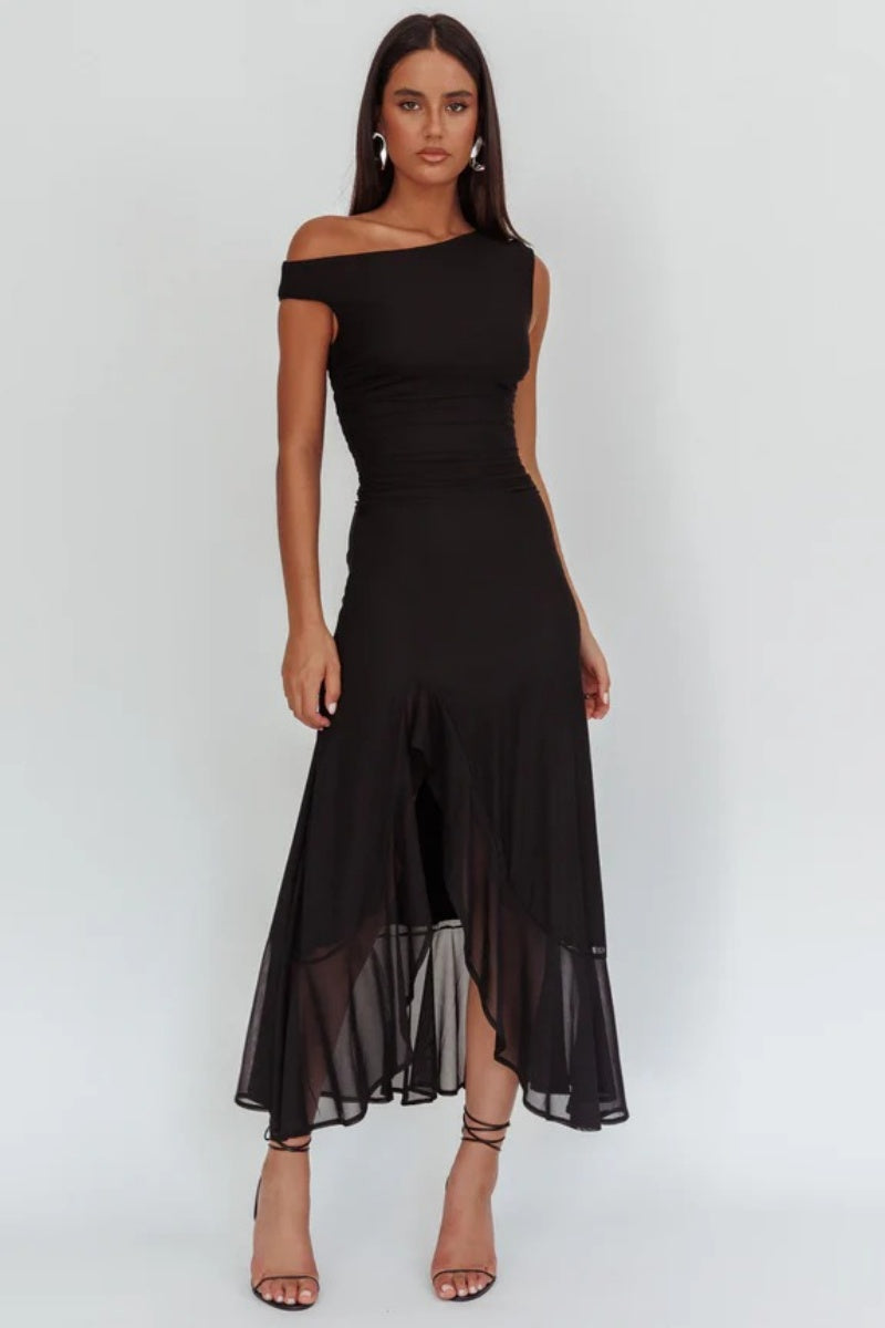 Moonlit Magic Asymmetric Neckline Maxi Dress-ROVOLE