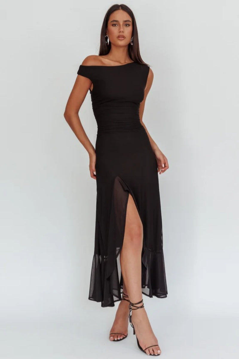 Moonlit Magic Asymmetric Neckline Maxi Dress-ROVOLE