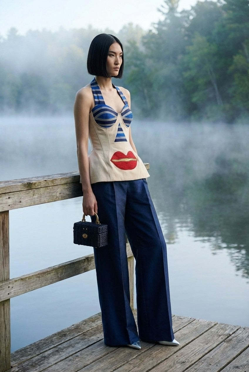 Women's Surrealist Embroidered Halter Blouse and Wide Leg Pants Set