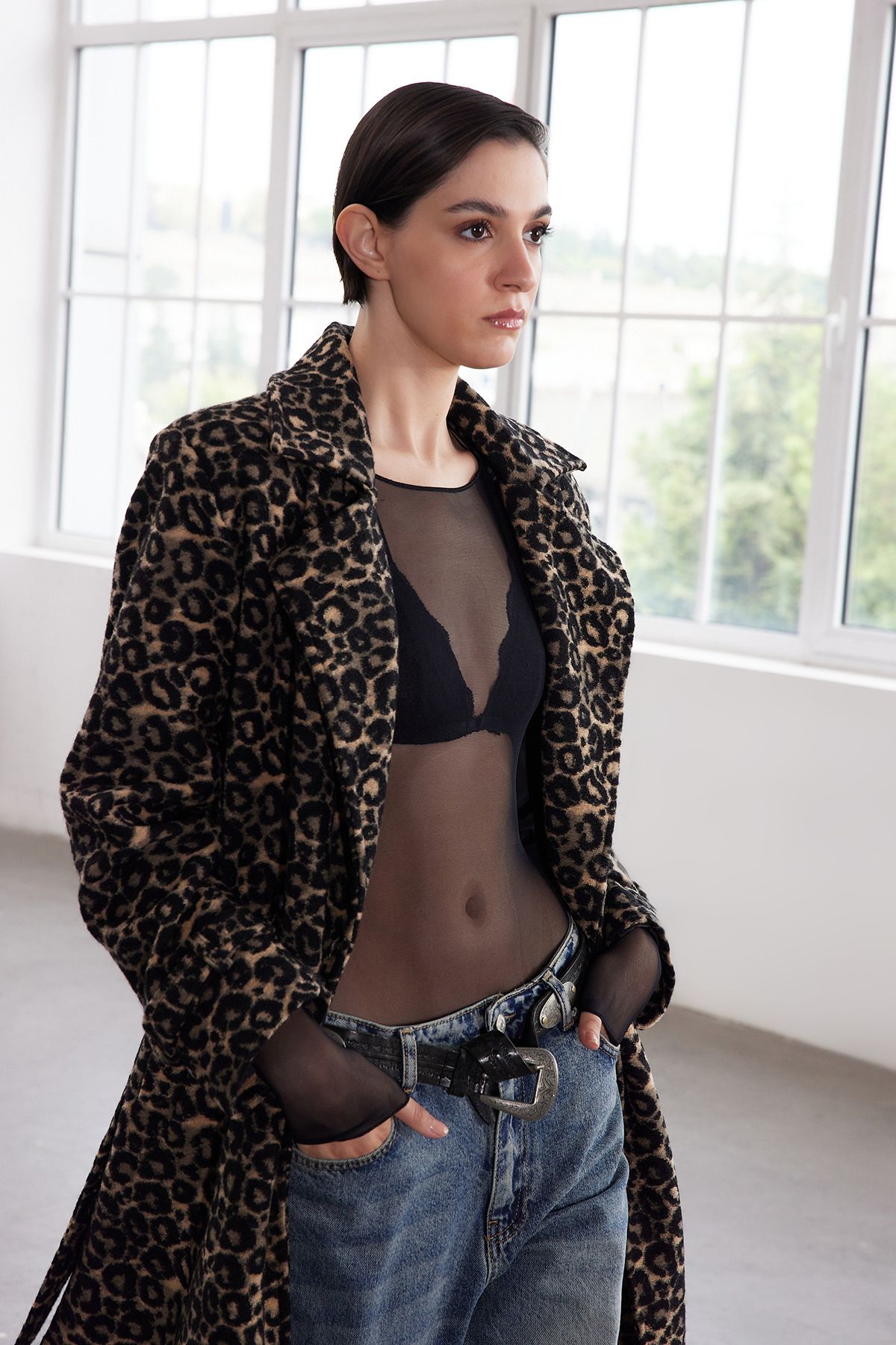 Leopard print long wool coat