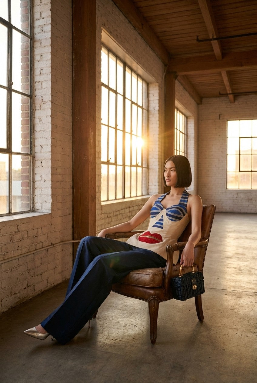 Women's Surrealist Embroidered Halter Blouse and Wide Leg Pants Set