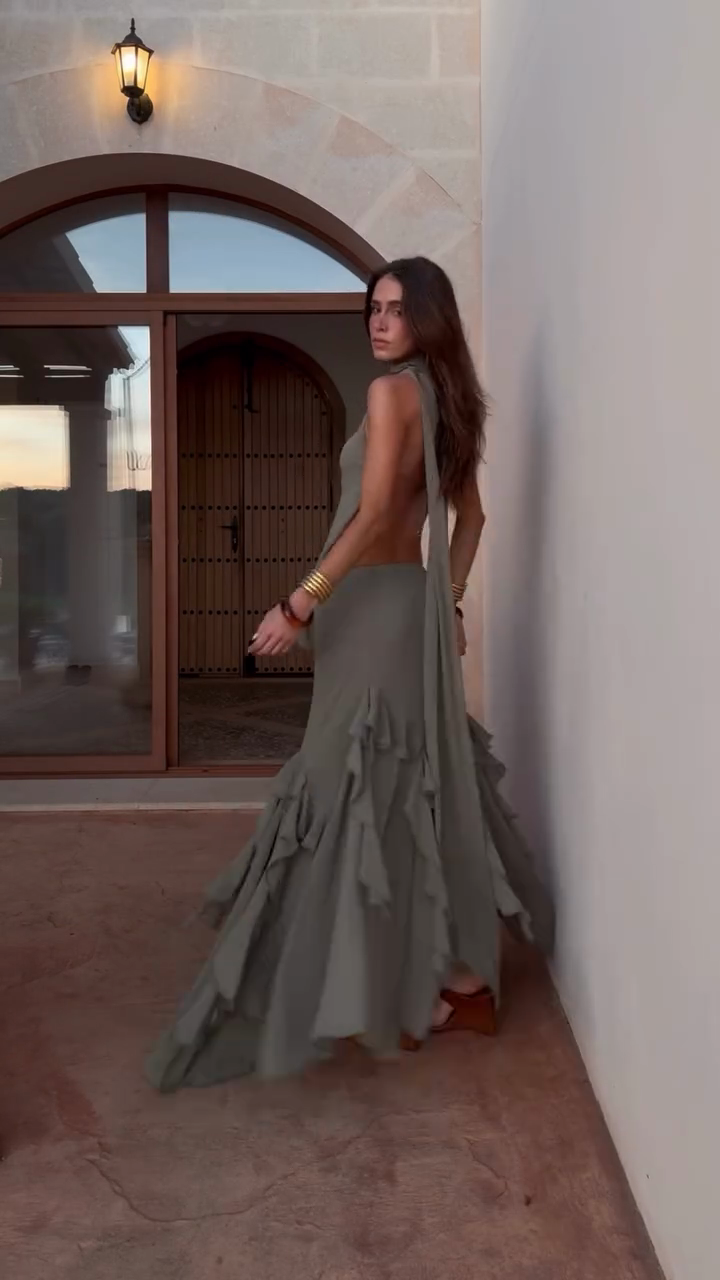 Olive Green Asymmetric Maxi Dress Set-ROVOLE