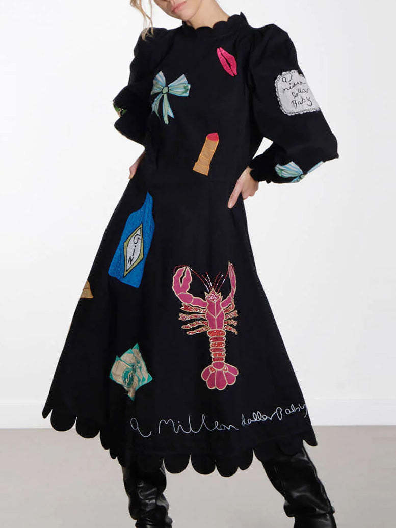 Lobster Graffiti Scallop Trim Midi Dress-ROVOLE