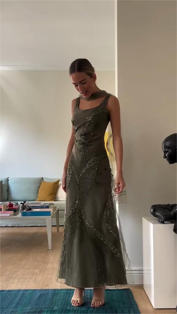 Embellished Olive - Green Evening Gown-ROVOLE