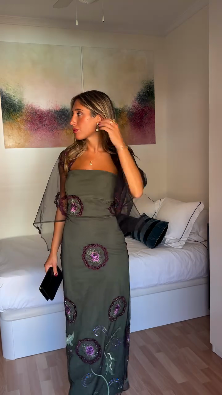 Olive Green Strapless Maxi Dress with Floral Embroidery