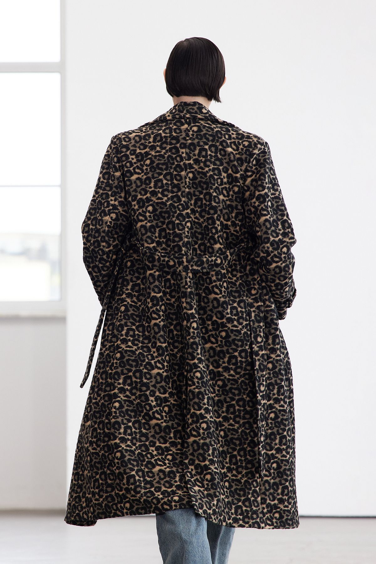 Leopard print long wool coat
