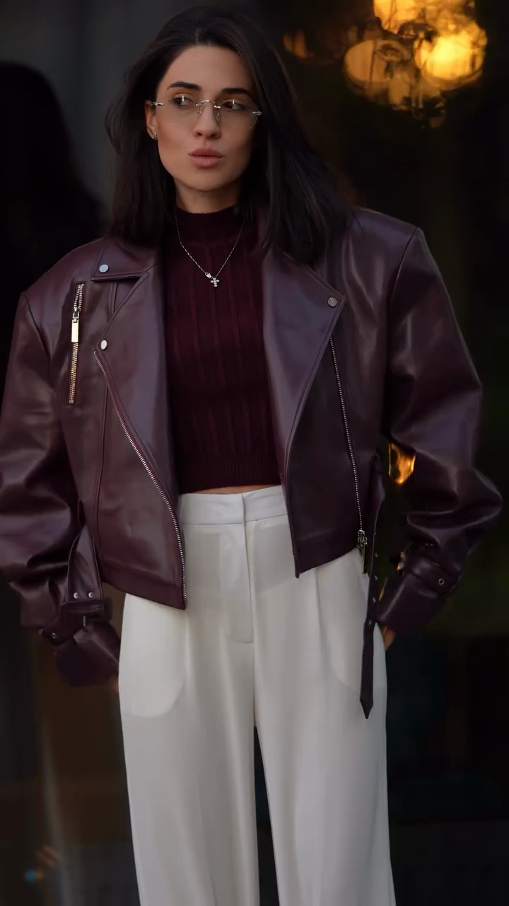 Burgundy Leather Biker Jacket-ROVOLE