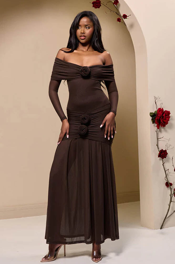 Off-Shoulder 3D Floral Bodycon Maxi Dress-ROVOLE